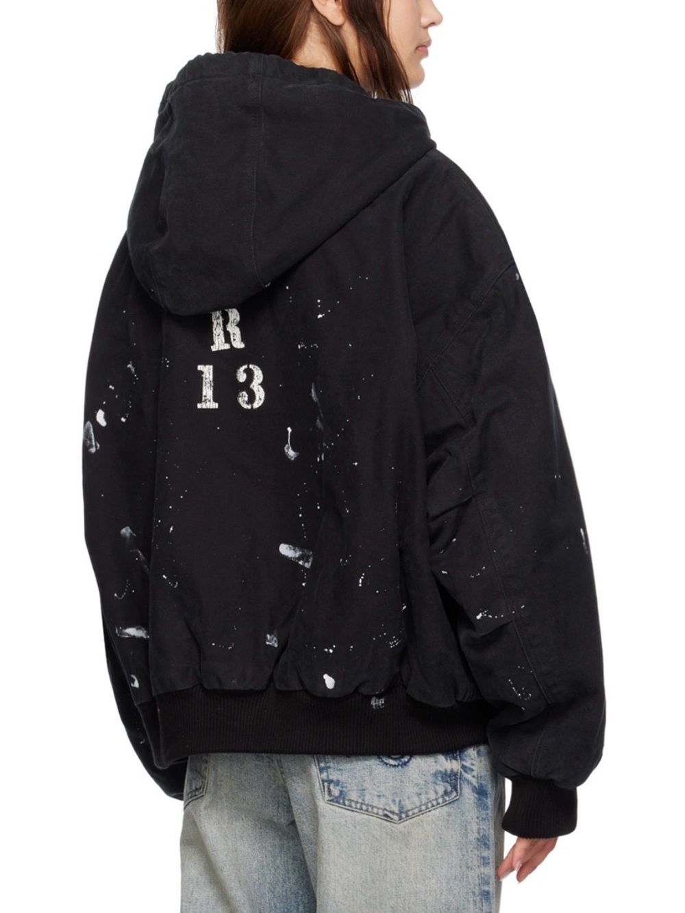 R13 Black Hooded Oversized Jacket with White Paint Splatter